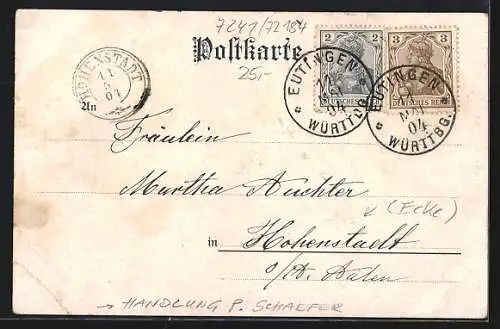 Künstler-AK Eutingen / Württ., Handlung von F. Schaefer, Kirche, Ruine Staufenberg und Totalansicht