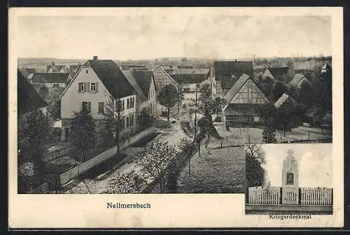 AK Nellmersbach, Kriegerdenkmal und Strassenpartie aus der Vogelschau