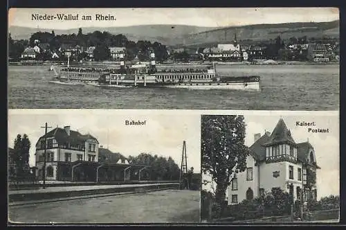AK Nieder-Walluf am Rhein, Bahnhof und Kaiserliches Postamt, Rheinpartie mit Dampfer
