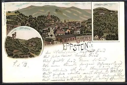 Lithographie Eppstein i. T., Hotel und Kaisertempel, Ahnenturm und Totalansicht