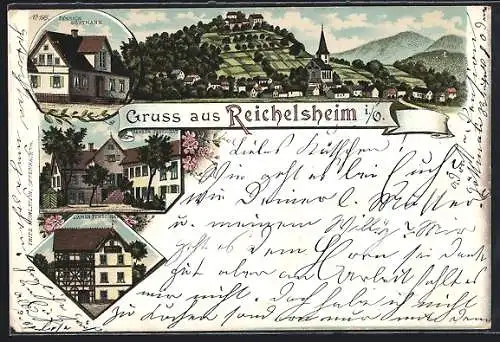 Lithographie Reichelsheim i. O., Pension Göttmann, Herren-Pensionat und Damen-Pensionat