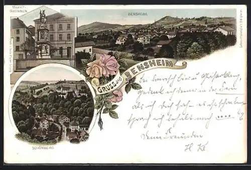 Lithographie Bensheim, Marktbrunnen, Schönberg, Ortsansicht aus der Vogelschau