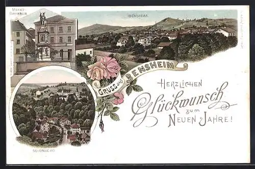Lithographie Bensheim, Marktbrunnen, Schönberg, Ortsansicht aus der Vogelschau