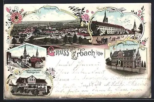 Lithographie Erbach i. Odw., Gasthaus zum Odenwald, Inh. Roth, Jagdschloss, Schloss und Totalansicht