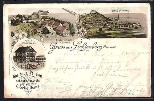 Lithographie Lichtenberg i. Odenwald, Gasthaus zur schönen Aussicht, Inh. G. Schellhaas, Schloss