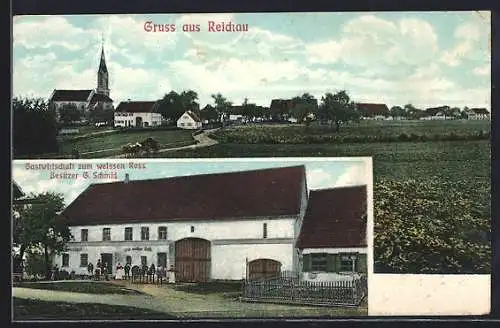 AK Reichau, Gasthaus zum weissen Ross, Bes. G. Schmid, Ortsansicht mit Landstrasse