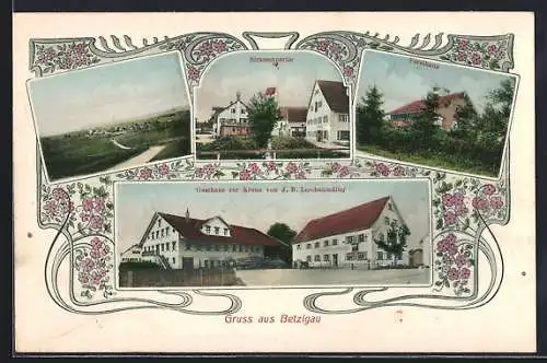 AK Betzigau, Gasthaus zur Krone, Inh. J. B. Lerchenmüller, Strassenpartie und Forsthaus