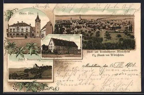 Lithographie Mindelheim, Fortbildungsschule, Oberes Thor, Schloss Freundsberg und Totalansicht