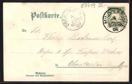 Lithographie Mindelheim, Gasthaus Kleinheinz, Mayenbad, Freundsberg, Eichkapelle und Einlassthor