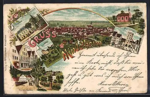 Lithographie Mindelheim, Restaurant Kleinheinz, Weg zum Mayenbad, Einlassthor, Totalansicht