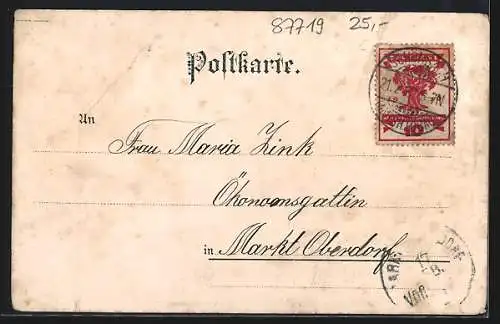 Lithographie Mindelheim, Restaurant Kleinheinz, Weg zum Mayenbad, Einlassthor, Totalansicht