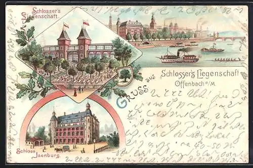 Lithographie Offenbach a. M., Gasthaus Schlosser`s Liegenschaft, Schloss Isenburg und Flusspartie