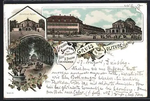 Lithographie Solitude bei Stuttgart, Hotel und Pension der Gebr. Kirchner, Bärenschloss und Strassenpartie