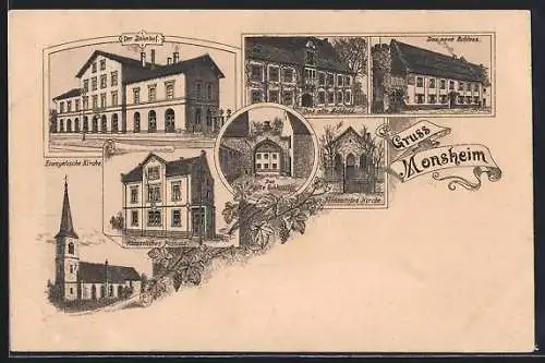 Lithographie Monsheim, Bahnhof, Kaiserliches Postamt, Mennoniten-Kirche und das neue Schloss