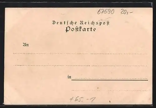Lithographie Monsheim, Bahnhof, Kaiserliches Postamt, Mennoniten-Kirche und das neue Schloss