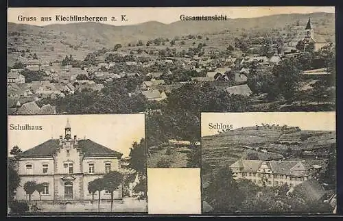 AK Kiechlinsbergen a. K., Schulhaus, Schloss und Totalansicht