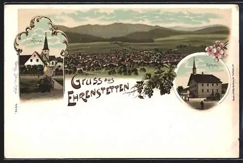 Lithographie Ehrenstetten, Rathaus, Kirche und Totalansicht