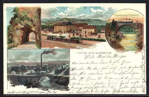Lithographie Albbruck, Totalansicht, Hotel Albthal & Eisenbahn-Viadukt