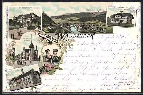 Lithographie Waldkirch / Breisgau, Gasthaus Kandel Rasthaus, St. Margaretha, Reichspostgebäude