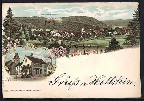 Lithographie Höllstein / Steinen, Gasthaus zur Traube und Handlung von L. G. Eckhardt, Totalansicht