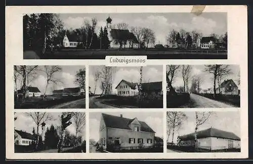 AK Ludwigsmoos, Gebäudeansichten, Teilansicht mit Kirche