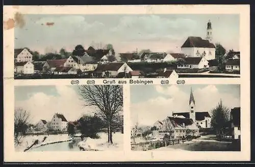 AK Bobingen, Kirche, Ortsansicht und Flusspartie
