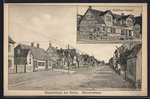 Künstler-AK sign. Hans Pernat: Bischofsheim bei Mainz, Kaufhaus Schnabel, Partie in der Mainzerstrasse