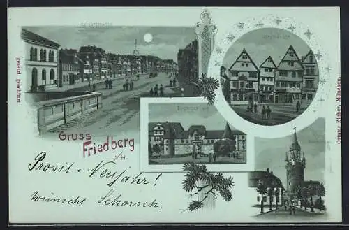 Mondschein-Lithographie Friedberg i. H., Alte Häuser, EIngang zur Burg und Kaiserstrasse
