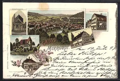 Lithographie Murrhardt, Gasthof zur Sonne, Gasthof zum Stern, Rathaus und Walderichskirche