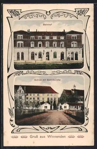 AK Winnenden, Bahnhof, Schloss mit Schlosskirche