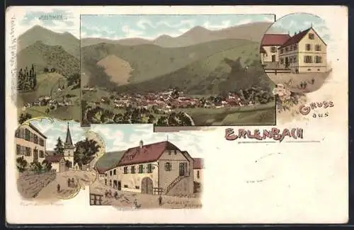 Lithographie Erlenbach / Albé, Gasthaus Adrian, Schule, Pfarrhaus mit Kirche