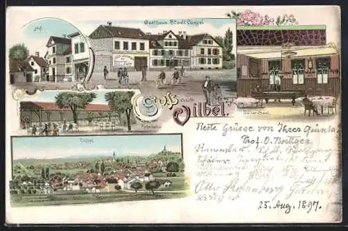 Lithographie Vilbel, Gasthaus Stadt Passel, Billiard Saal, Kegelbahn