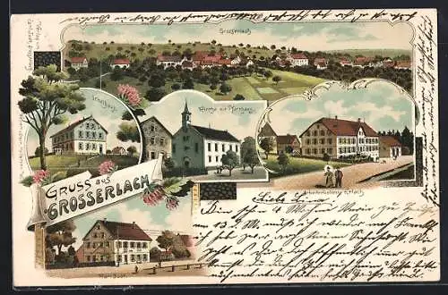 Lithographie Grosserlach, Schulhaus, Geschäft Karl Judt, Arbeiterkolonier Erlach, Kirche