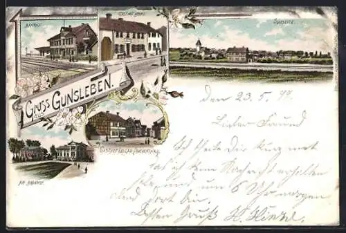 Lithographie Gunsleben, Gasthaus Brune, Bahnhof, Gasthaus Lellau, Totalansicht von der Südseite
