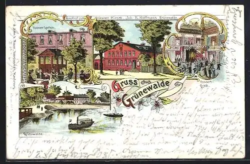 Lithographie Grünewalde / Elbe, Gasthof zum braunen Hirsch, Bootspartie