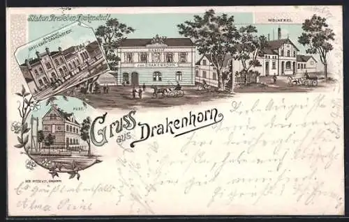 Lithographie Dreileben-Drakenstedt, Gasthof zum Drakenhorn, Bahnhof, Molkerei, Post
