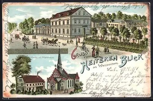 Lithographie Weissenborn / Zwickau, Gasthof vom Heiteren Blick, Kirche & Pfarrhaus