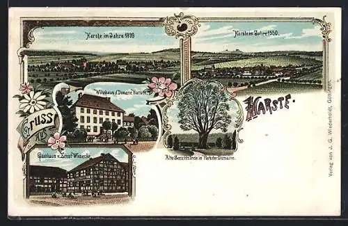 Lithographie Harste, Gasthaus von Ernst Wienecke, Wohnhaus der Domaine