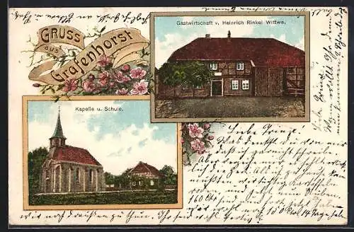 AK Gravenhorst / Meine, Gasthaus von Heinrich Rinkel Wittwe, Kapelle und Schule