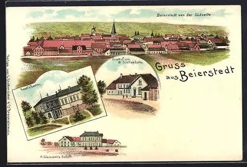 Lithographie Beierstedt, Gasthof von W. Schliephake, Vasel`s Garten, F. Siemann`s Gehöft