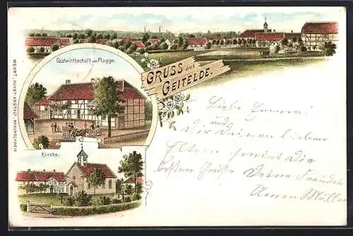 Lithographie Geitelde, Gasthaus Plagge, Kirche, Totalansicht