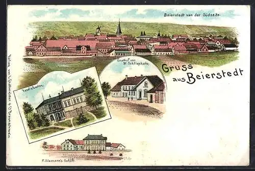 Lithographie Beierstedt, Gasthof von W. Schliephake, Vasel`s Garten, F. Siemann`s Gehöft