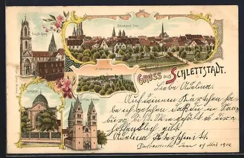 Lithographie Schlettstadt, Synagoge, Ortsansicht, Dom St. Georg