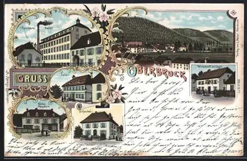 Lithographie Oberbruck, Gasthof zur Jagd, Nelles Magasin, Spinnerei Zeller