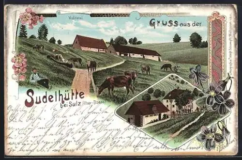 Lithographie Sulz, Gasthaus Sudelhütte, Melkerei