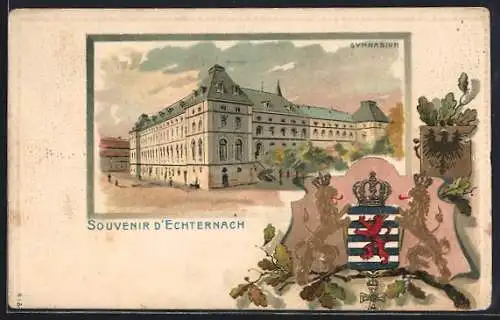 Lithographie Echternach, Gymnasium, Wappen von Löwen flankiert