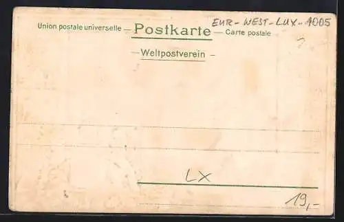 Lithographie Echternach, Gymnasium, Wappen von Löwen flankiert