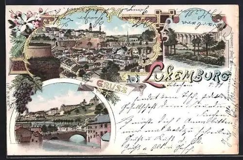 Lithographie Luxemburg, Ortsansicht von oben, Brücke, Viadukt