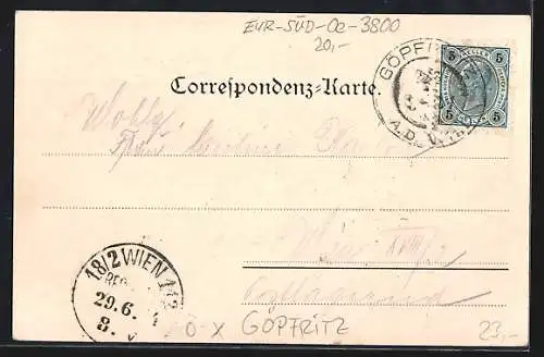 AK Göpfritz, Restaurant Exel und Post, Handlung C. Essler, Bandfabrik Leo Hoffmann