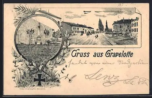 Vorläufer-Lithographie Gravelotte, 1894, Kriegsfriedhof mit Kriegerdenkmal, Strassenpartie im Ort